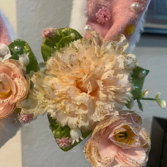 Floral Easter Ears / Bunny Ear Headband - Pink and White - Picture 2 of 5